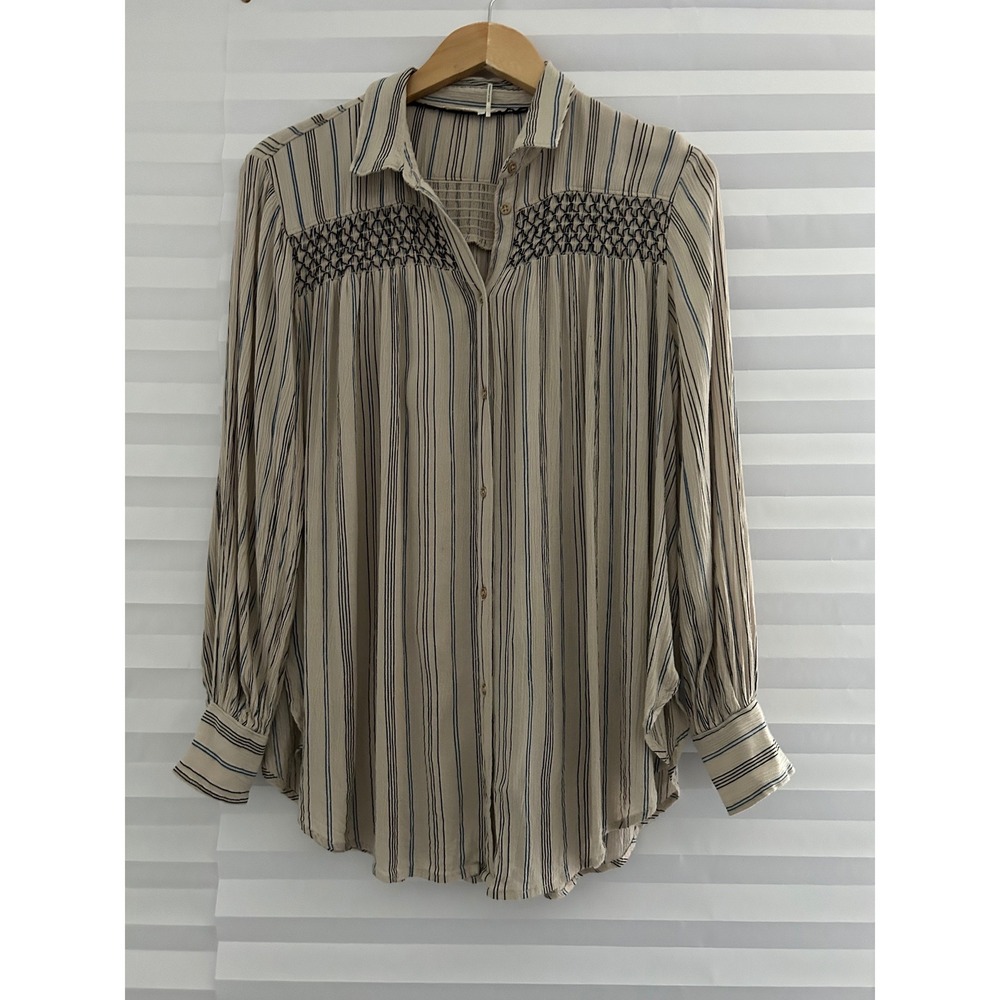 Anthropologie Floreat Crinkled Striped Button Down Blouse Neutral Rayon Top Sz ?